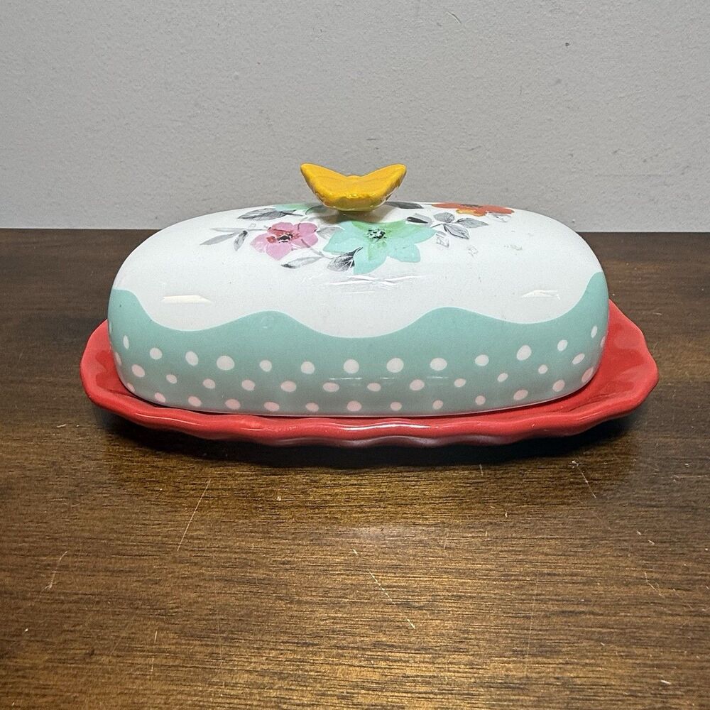 Pioneer Woman Flea Market Floral Red Covered Butter Dish Butterfly Handle 6.4" - Picture 2 of 8